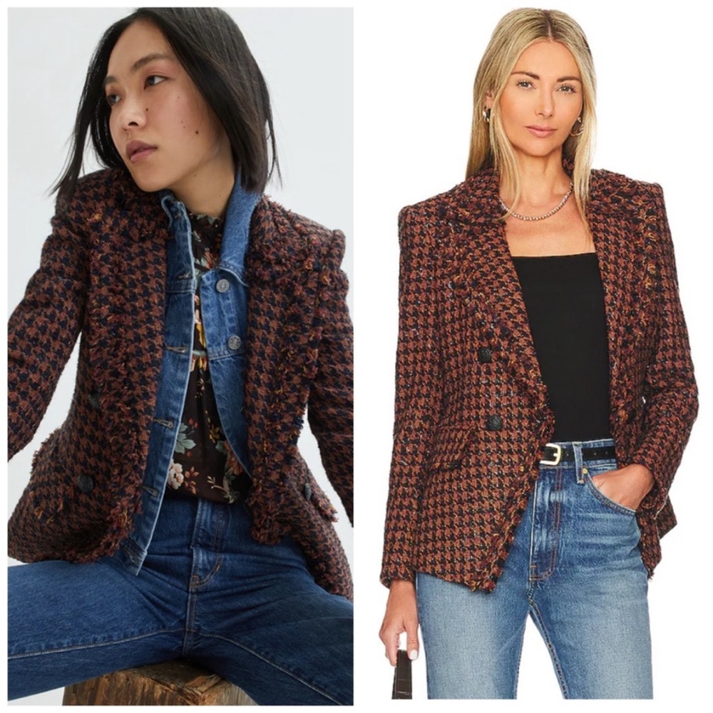 $728 Veronica Beard Taja Houndstooth Tweed Fringe Blazer Dickey Jacket sz 6